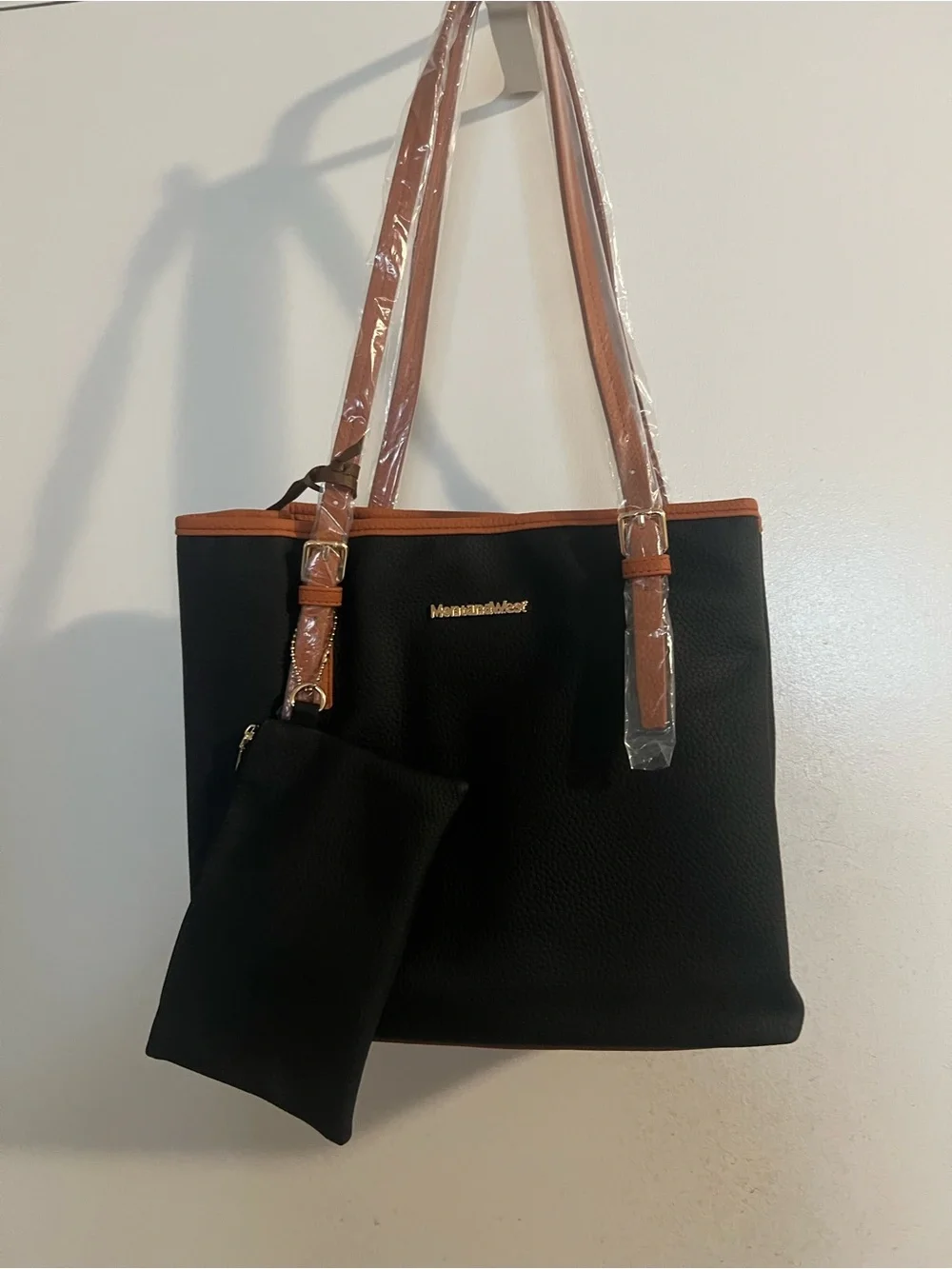 Montana West Black Tote with Brown Trim and Strap